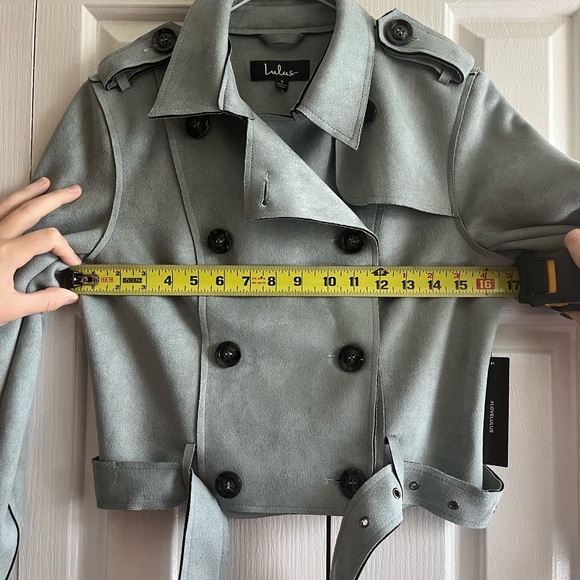 Lulu’s Edinburgh Slate Blue Suede Cropped Trench Coat - size small - Picture 8 of 9